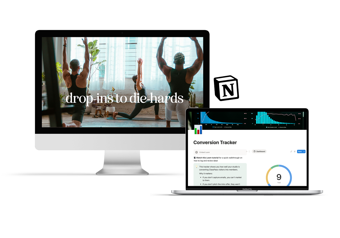 Drop Ins to Die Hards Notion marketing hub with funnels, retention framework, and conversion tracker for fitness studios.